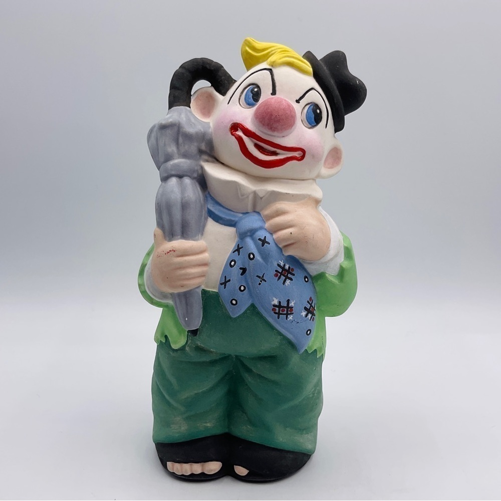 VTG Piggy Bank CLOWN Happy Colorful Hand Painted Figure CIRCUS Umbrella Hat 7”